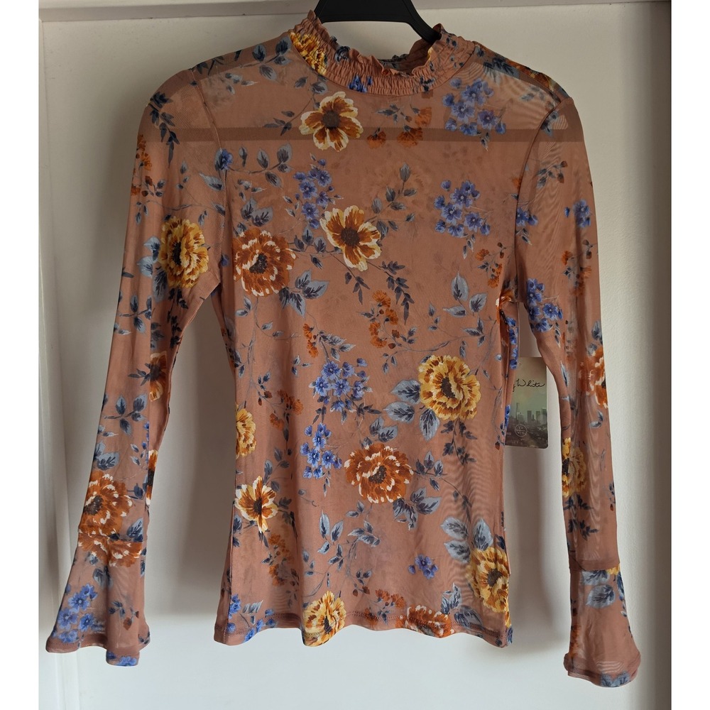 Lily White Floral Mock Neck Long Sleeve Blouse Top Pink Women Size M Sheer NWT